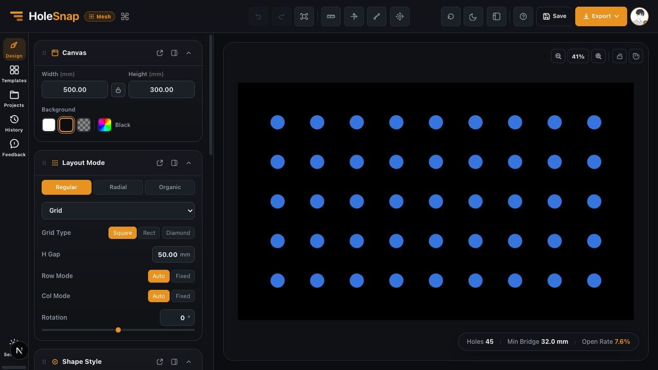 HoleSnap Mesh workspace showing a perforated vector pattern and parameter controls
