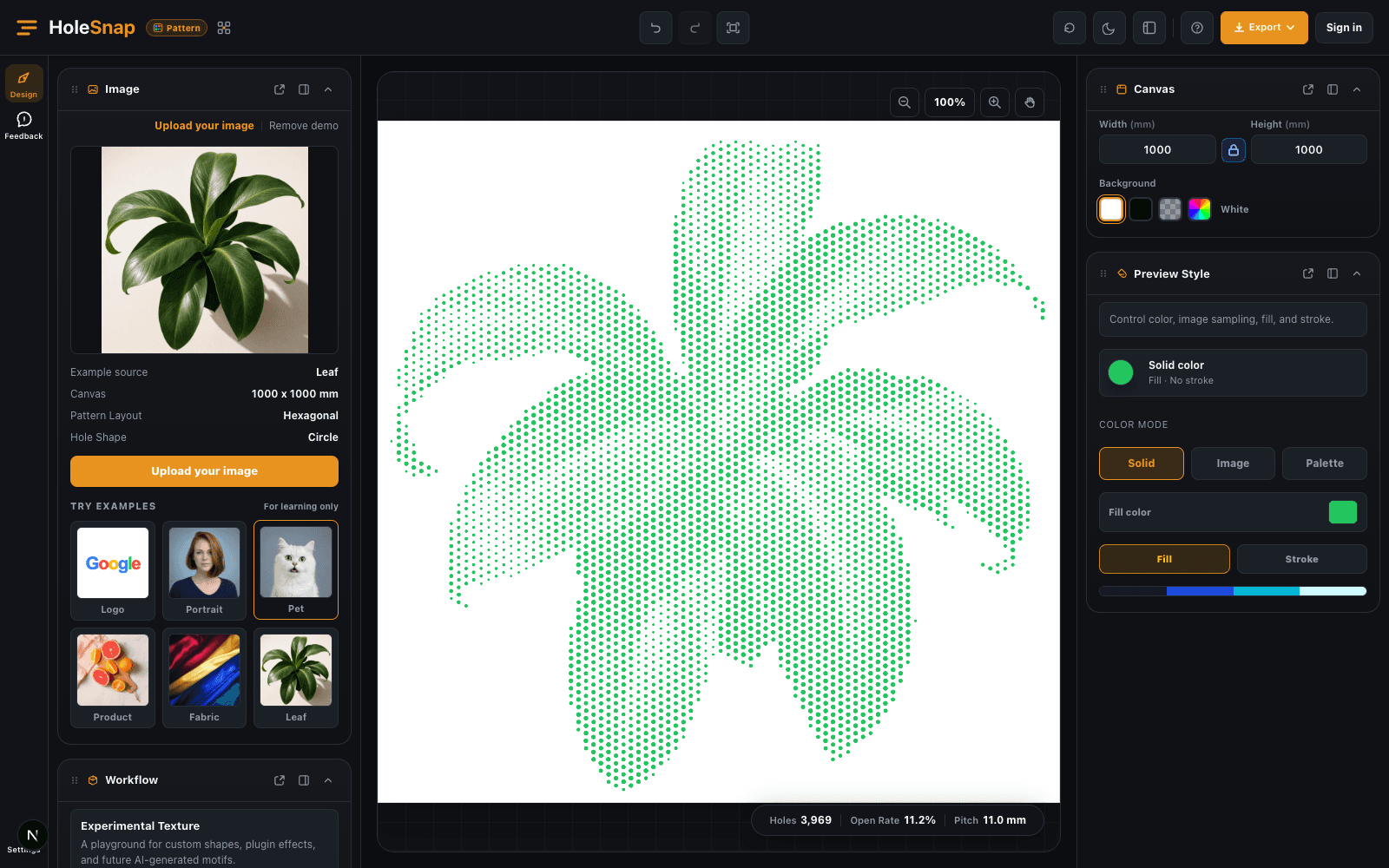 HoleSnap Pattern workspace showing a plant image converted into an adjustable field of dots